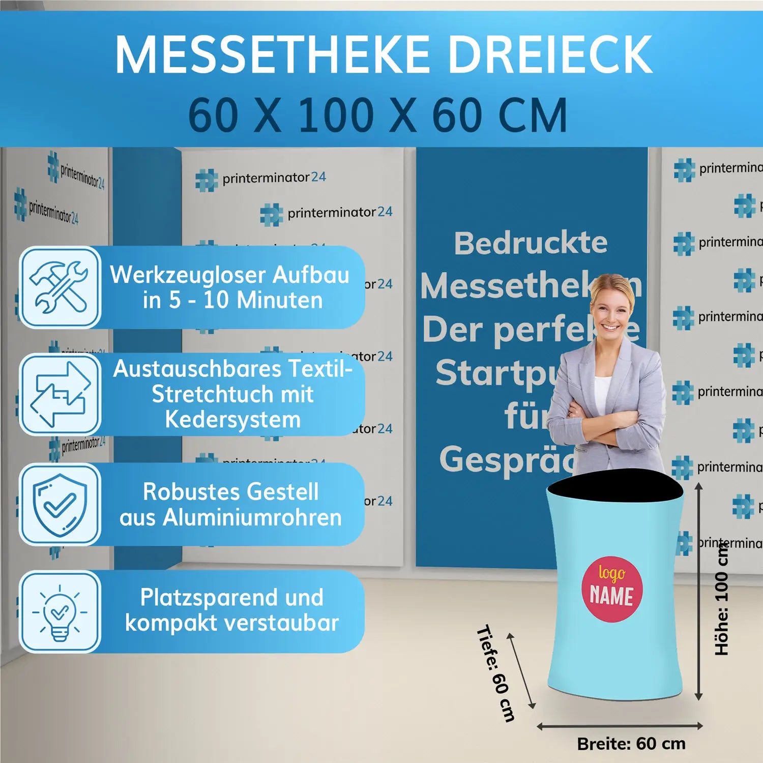 Dreieckige Messetheke (60 x 100 x 60 cm), werkzeugloser Aufbau, robustes Aluminiumgestell, austauschbarer Textilbezug, platzsparend und bedruckbar.