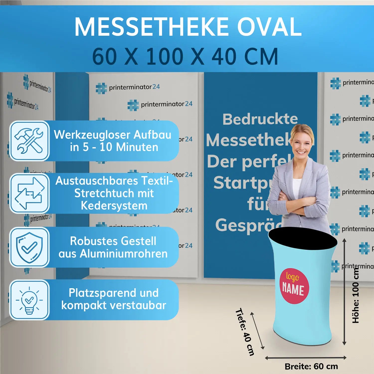 Ovale Messetheke (60 x 100 x 40 cm), werkzeugloser Aufbau, robustes Aluminiumgestell, austauschbarer Textilbezug, platzsparend und bedruckbar.