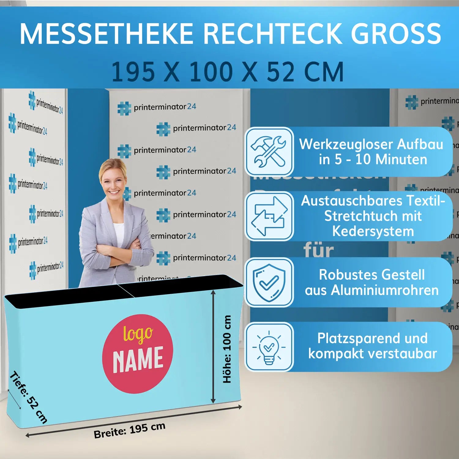 Rechteckige Messetheke (195 x 100 x 52 cm), werkzeugloser Aufbau, robustes Aluminiumgestell, austauschbarer Textilbezug, platzsparend und bedruckbar.