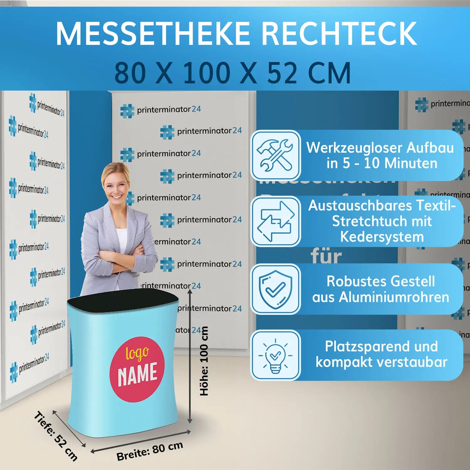Rechteckige Messetheke (80 x 100 x 52 cm), werkzeugloser Aufbau, robustes Aluminiumgestell, austauschbarer Textilbezug, platzsparend und bedruckbar.