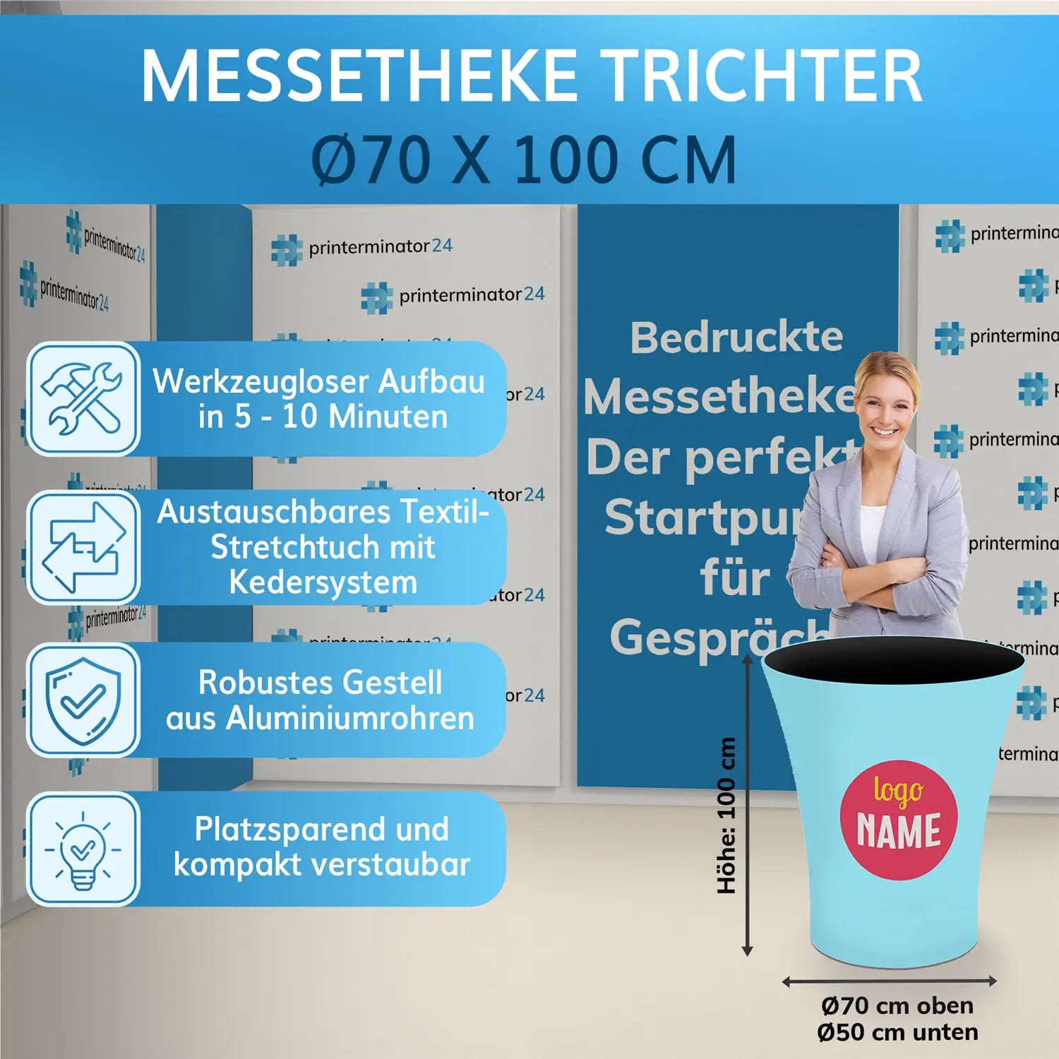 Messetheke in Trichter-Form (ø70 x 100 cm), werkzeugloser Aufbau, robustes Aluminiumgestell, austauschbarer Textilbezug, platzsparend und bedruckbar.