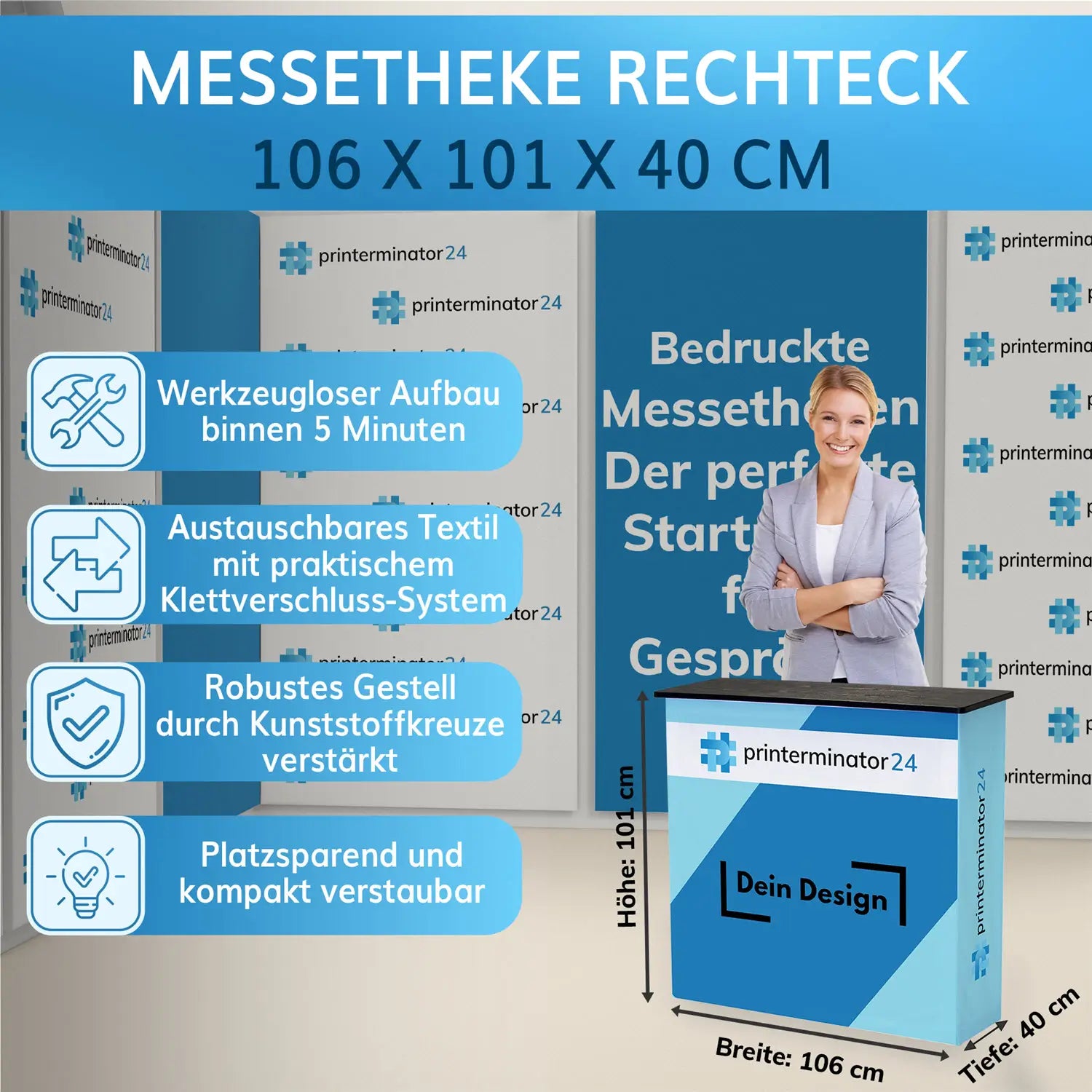 Rechteckige Messetheke (106 x 101 x 40 cm), werkzeugloser Aufbau in 5 Minuten, robustes Gestell mit Kunststoffverstärkung, austauschbarer Textilbezug mit Klettverschluss, platzsparend und bedruckbar.