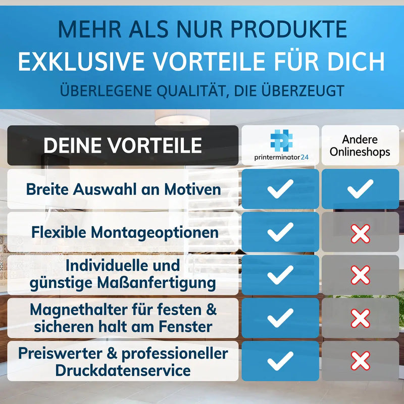 Übersicht der Vorteile des Doppelrollos mit Motiv im Vergleich zu anderen Anbietern.