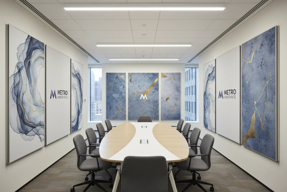 Schallschutzbilder mit individuellem Motiv in modernem Konferenzraum – Akustikbilder mit dünnem Aluminium-Rahmen zur Verbesserung der Raumakustik