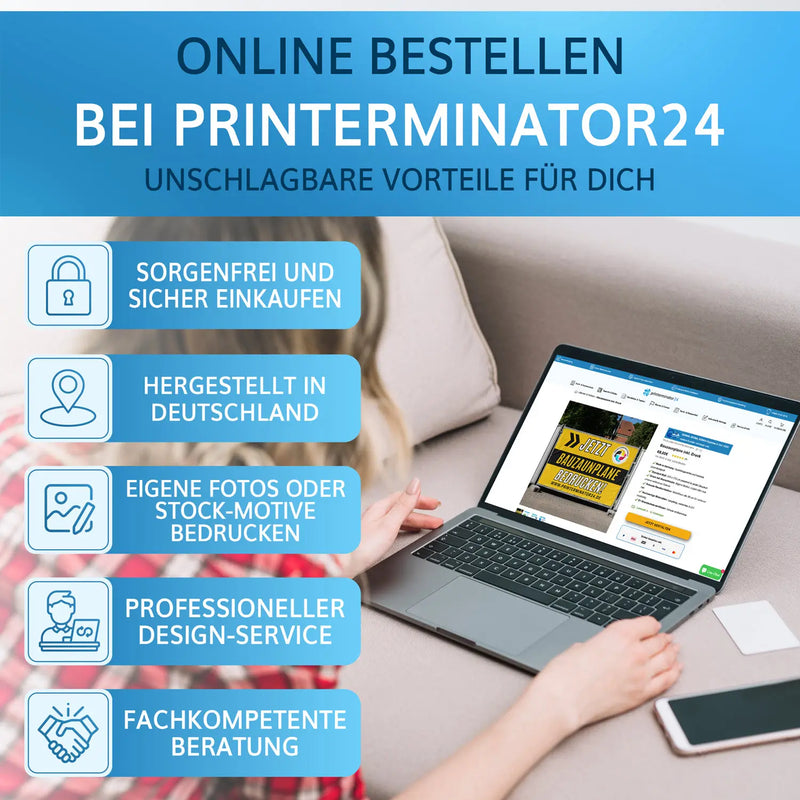 Bauzaunbanner Online-Shop-Vorteile bei Printerminator24: Hergestellt in Deutschland, Design-Service, fachkompetente Beratung