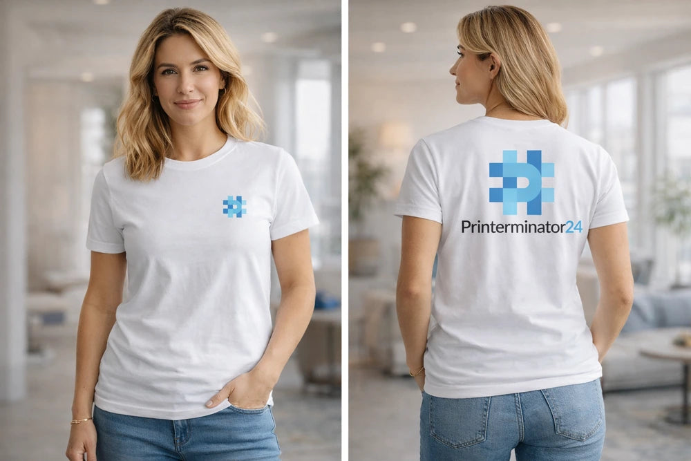 T-Shirt bedruckt mit Firmenlogo auf einem Damen T-Shirt.