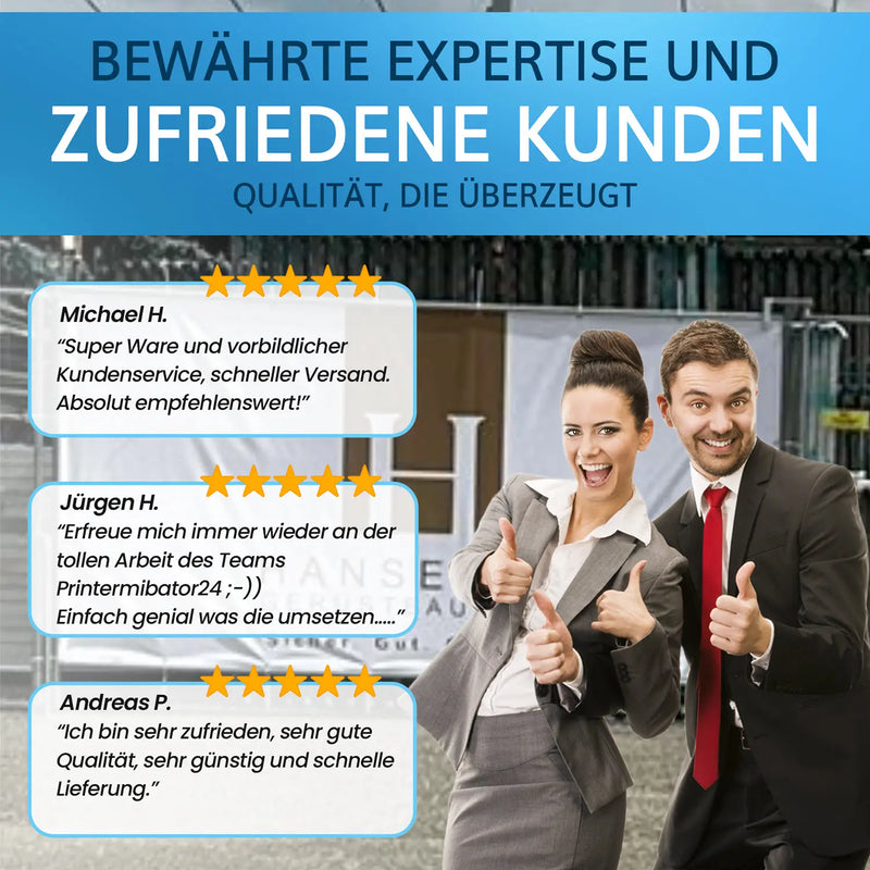 Kundenbewertungen für individuell gestaltete Bauzaunbanner, hohe Qualität und zufriedene Kunden