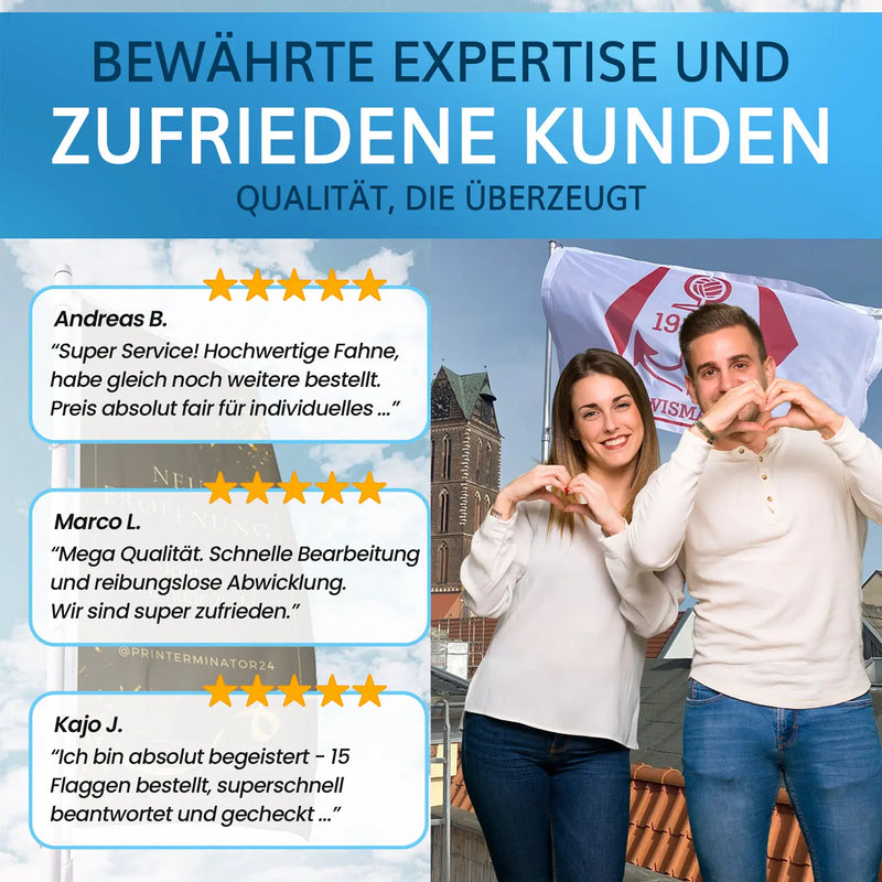 Kundenbewertungen für individuell gestaltete Fahnen, hohe Qualität und zufriedene Kunden