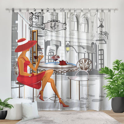 Fotovorhang: Modische Frau im Cafe