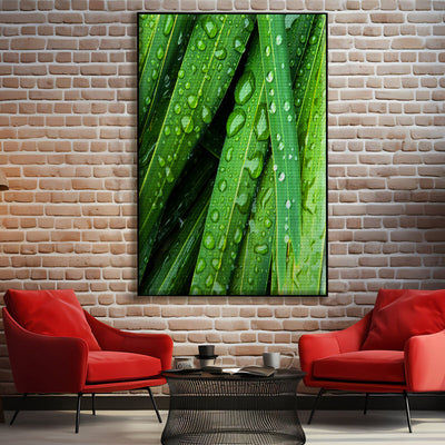 Akustikstoff mit Motiv: Wassertropfen auf grünen Blättern