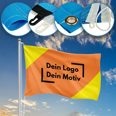 Fahne selbst gestalten mit Logo oder Wunschmotiv hochwertige bedruckte Fahne für Werbung Verein oder Event individuell bedruckt