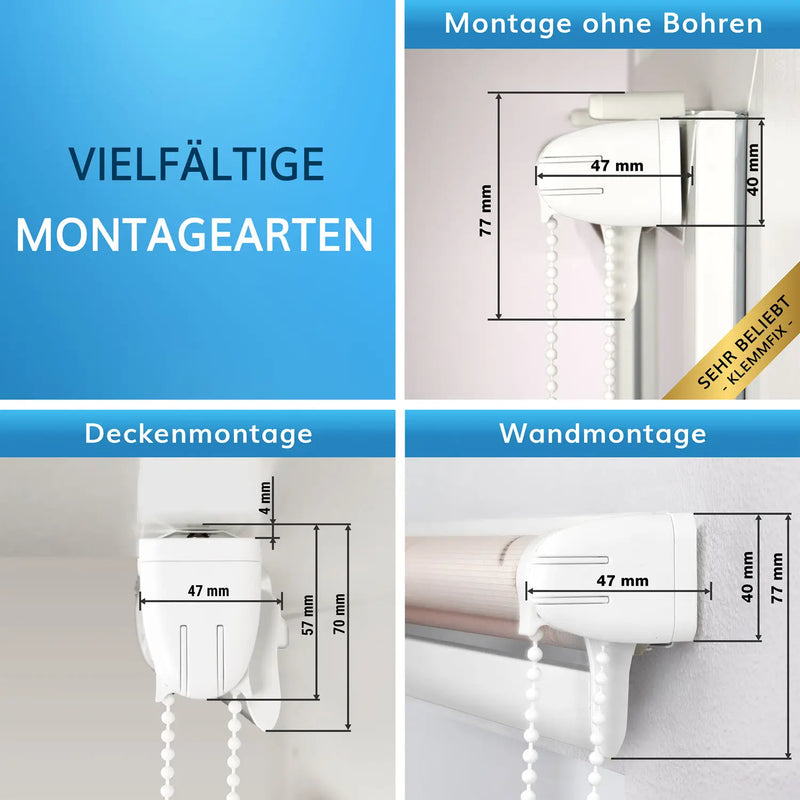 Verschiedene Doppelrollo-Montagearten, inklusive Klemmfix für Fensterflügel ohne Bohren und Decken-/Wandmontage.