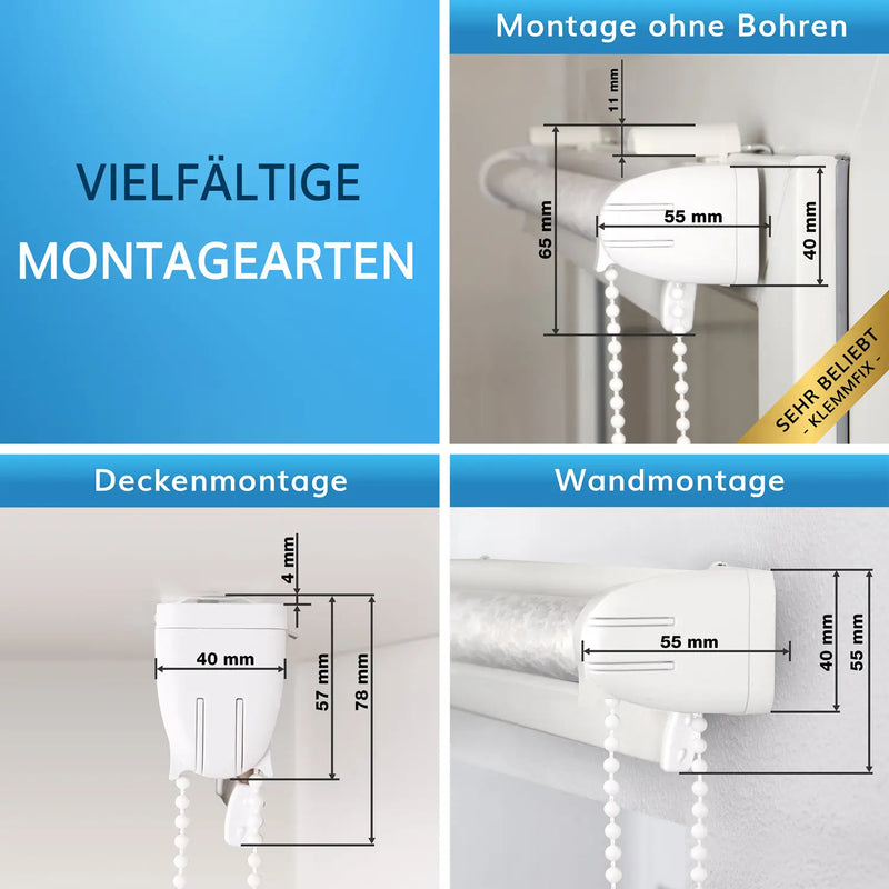 Verschiedene Rollo-Montagearten, inklusive Klemmfix für Fensterflügel ohne Bohren und Decken-/Wandmontage.