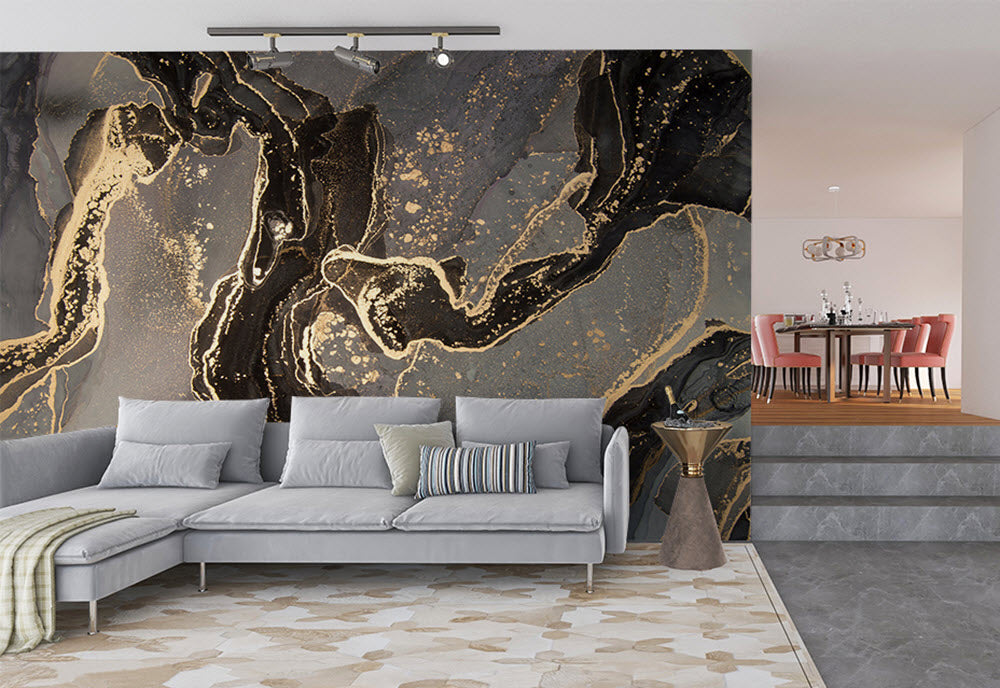 Tapete mit abstraktem schwarz-gold Motiv im Modernen Wohnzimmer