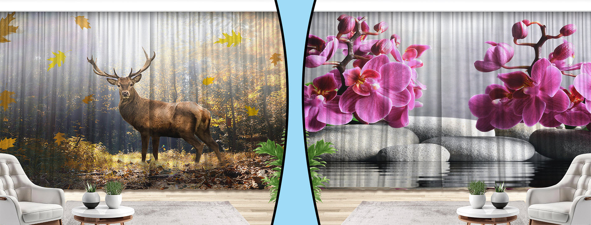 Zwei Fotovorhänge mit Reh und Blumen Motiv im Wohnzimmer