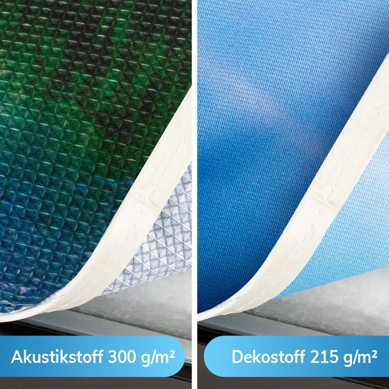 Vergleich Akustikstoff 300 g/m² mit 3D-Wabenstruktur und Dekostoff 215 g/m² für Schallschutzbilder – beide mit Akustikvlies und Aluminium-Rahmen
