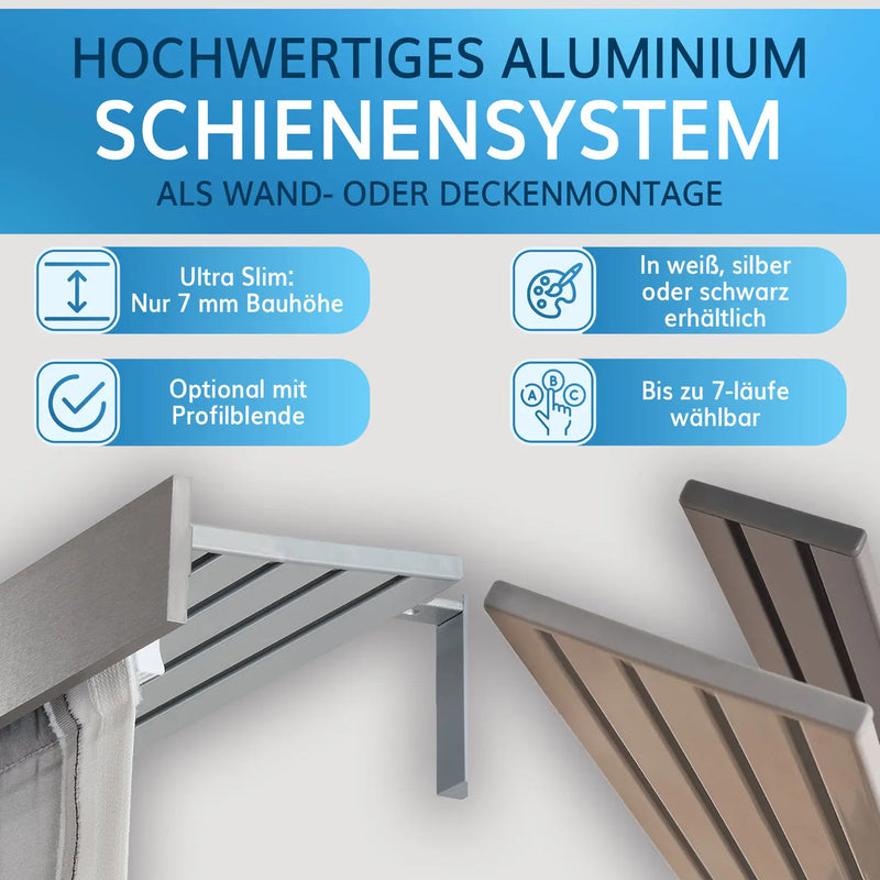 Hochwertiges Aluminium Schienensystem für Wand- oder Deckenmontage, in Weiß, Silber oder Schwarz.