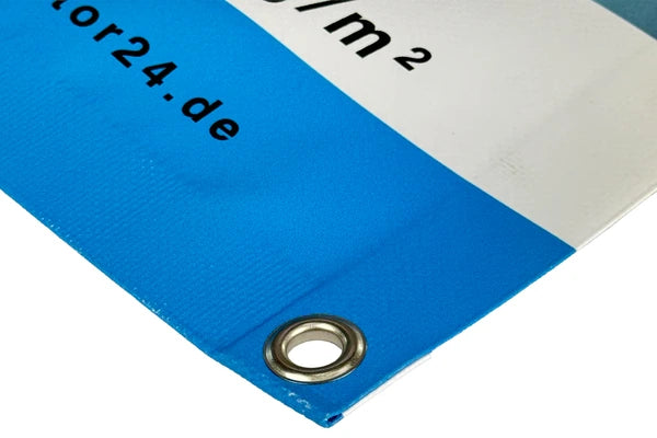 Banner mit Metallösen und verstärktem Flachsaum zur Befestigung an Zaun, Fassade oder Gerüst