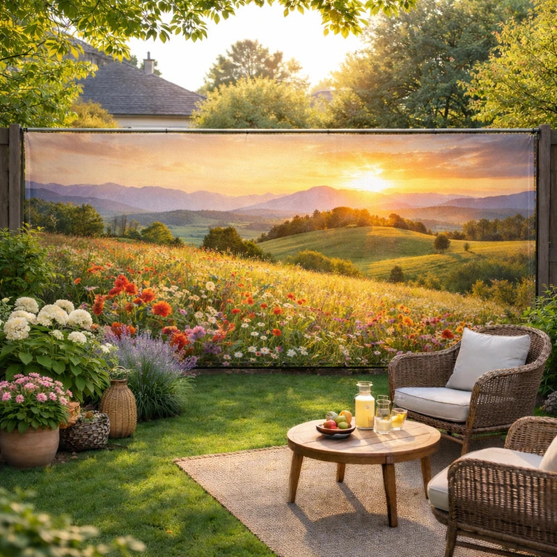 Individuell bedrucktes Banner als Sichtschutz im Garten mit Landschaftsmotiv am Zaun