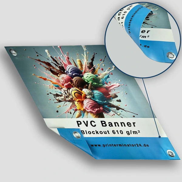 Blockout Banner mit blickdichter Sperrschicht, beidseitig bedruckbar für freihängende Werbung