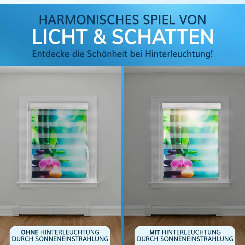 Harmonisches Spiel von Licht und Schatten durch das Doppelrollo mit Motiv, mit und ohne Hinterleuchtung.