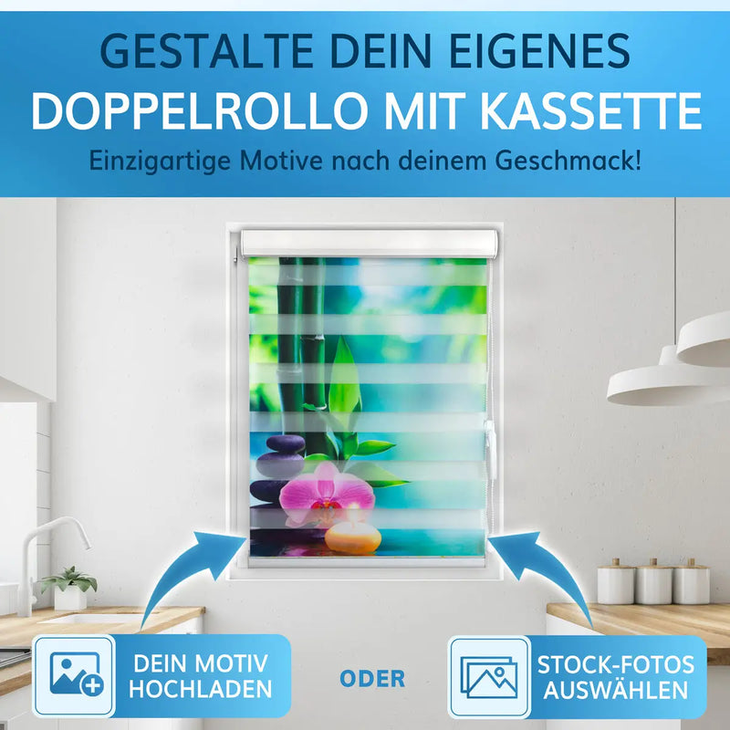 Individuell gestaltbares Doppelrollo mit Motiv und eleganter Kassette für eine moderne Fensterdekoration.