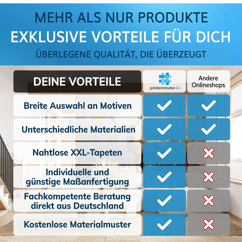 Vergleich von Fototapeten-Vorteilen, exklusive Auswahl und Qualität im Onlineshop