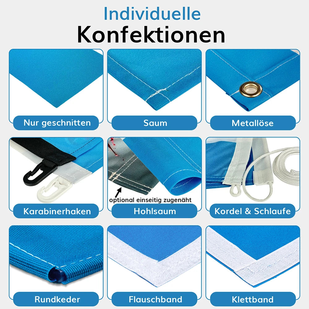 Fahne mit Druck Konfektionen Übersicht Metallösen Hohlsaum Karabinerhaken Klettband individuelle bedruckte Fahne nach Maß