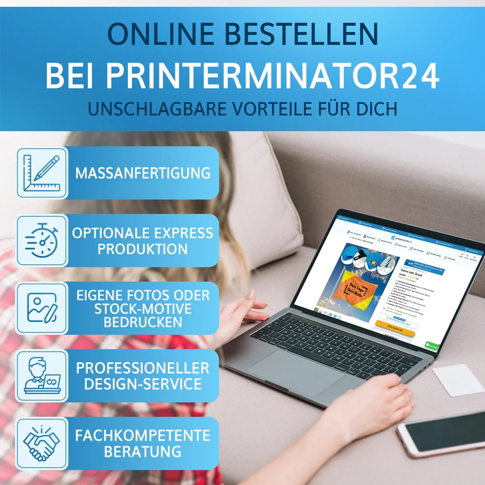 Fahne mit Druck online bestellen bei Printerminator24 individuelle Maßanfertigung Express Produktion bedruckte Fahne mit eigenem Logo