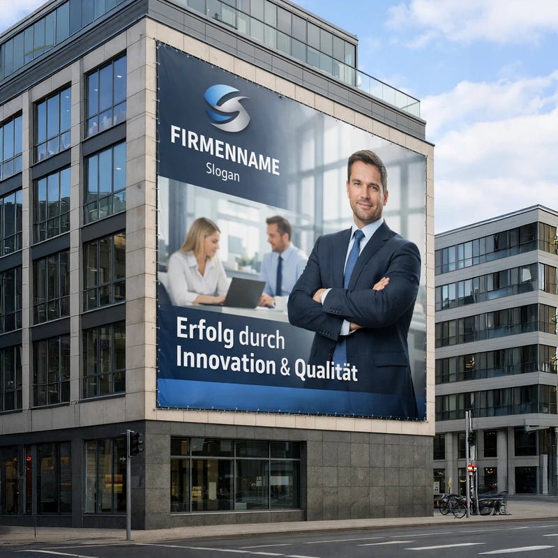 Fassadenplane mit Werbebanner und Firmenlogo an modernem Geschäftsgebäude