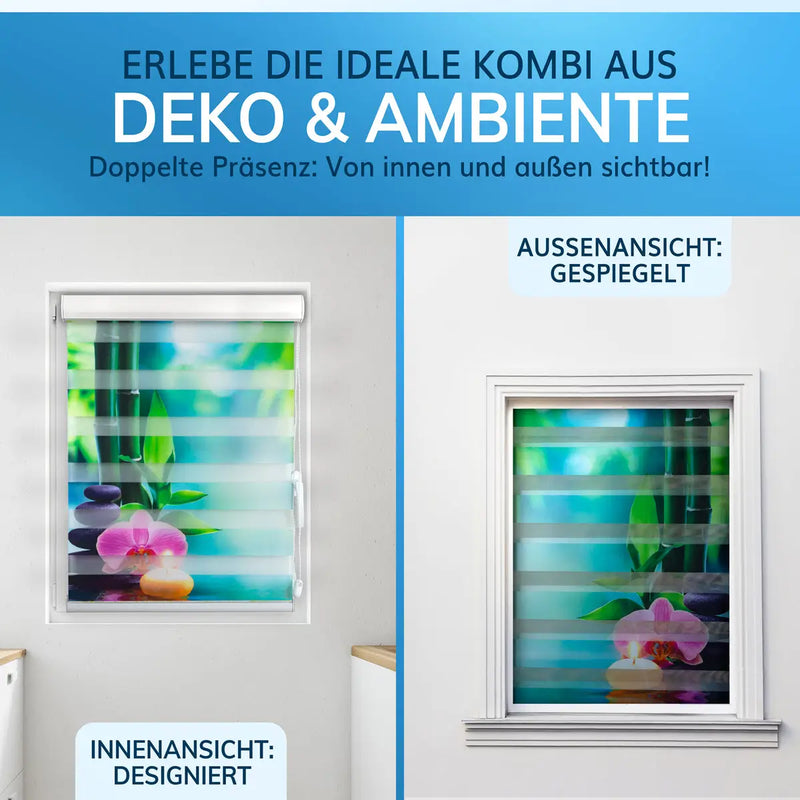 Innen- und Außenansicht eines Doppelrollos mit Motiv, perfekte Kombination aus Dekoration und Privatsphäre.