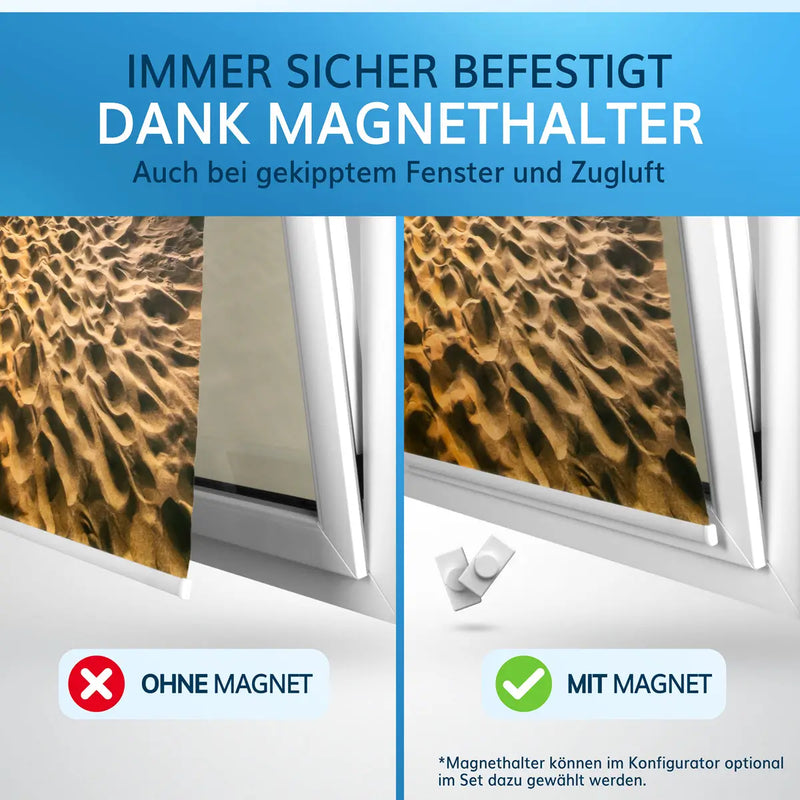 Kassettenrollo mit Motiv, sicher befestigt mit Magnethalter, auch bei gekipptem Fenster und Zugluft stabil, optionaler Magnethalter im Set erhältlich.