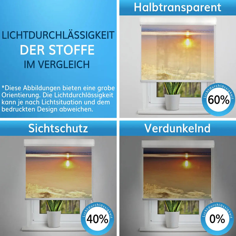 Vergleich der Lichtdurchlässigkeit für Kassettenrollos mit Motiv: halbtransparent, Sichtschutz und verdunkelnd.