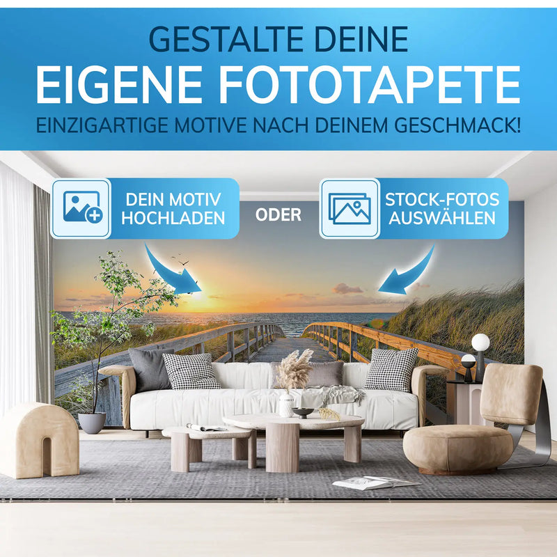 Wohnzimmer mit Fototapete eines Sonnenuntergangs am Strand, personalisierte Fototapeten gestalten