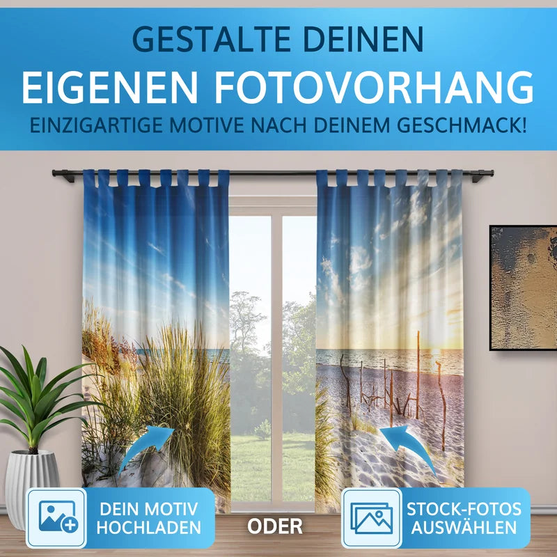 Gestalte deinen eigenen Fotovorhang mit einzigartigen Motiven, entweder durch Hochladen eines eigenen Fotos oder durch Auswahl aus Stockfotos.