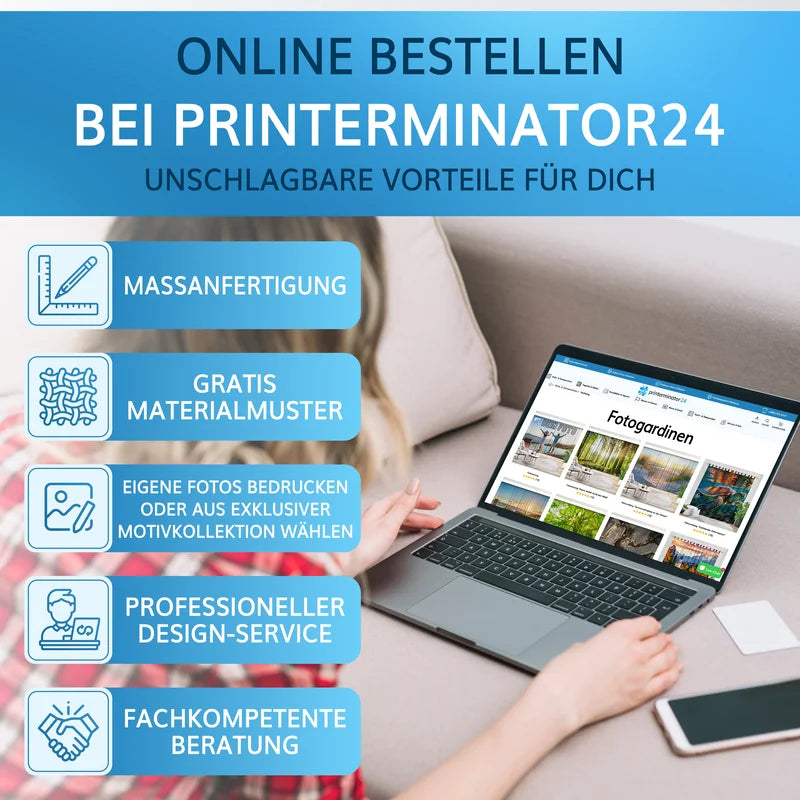 Bestelle deinen Fotovorhang online bei Printerminator24 mit Vorteilen wie Maßanfertigung, gratis Materialmustern und professionellem Design-Service.