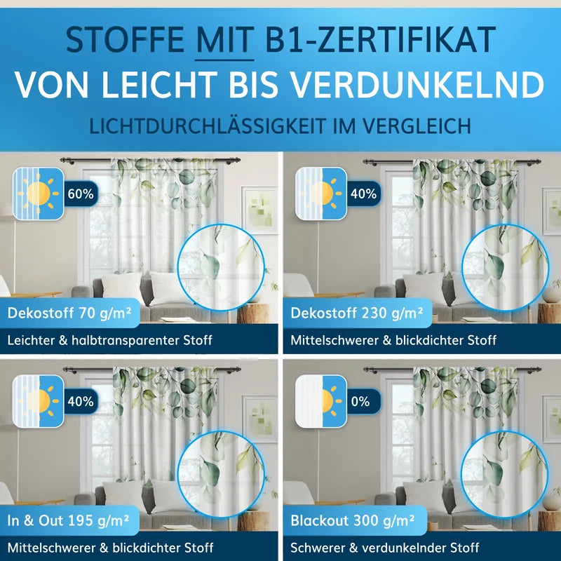 Fotovorhänge mit Stoffen mit B1-Zertifikat: verschiedene Optionen von lichtdurchlässigen bis zu verdunkelnden Stoffen.