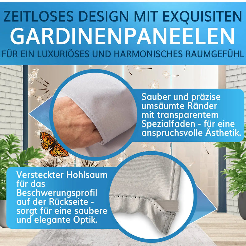 Gardinenpaneele mit präzise umsäumten Rändern und verstecktem Hohlsaum für elegante Optik.