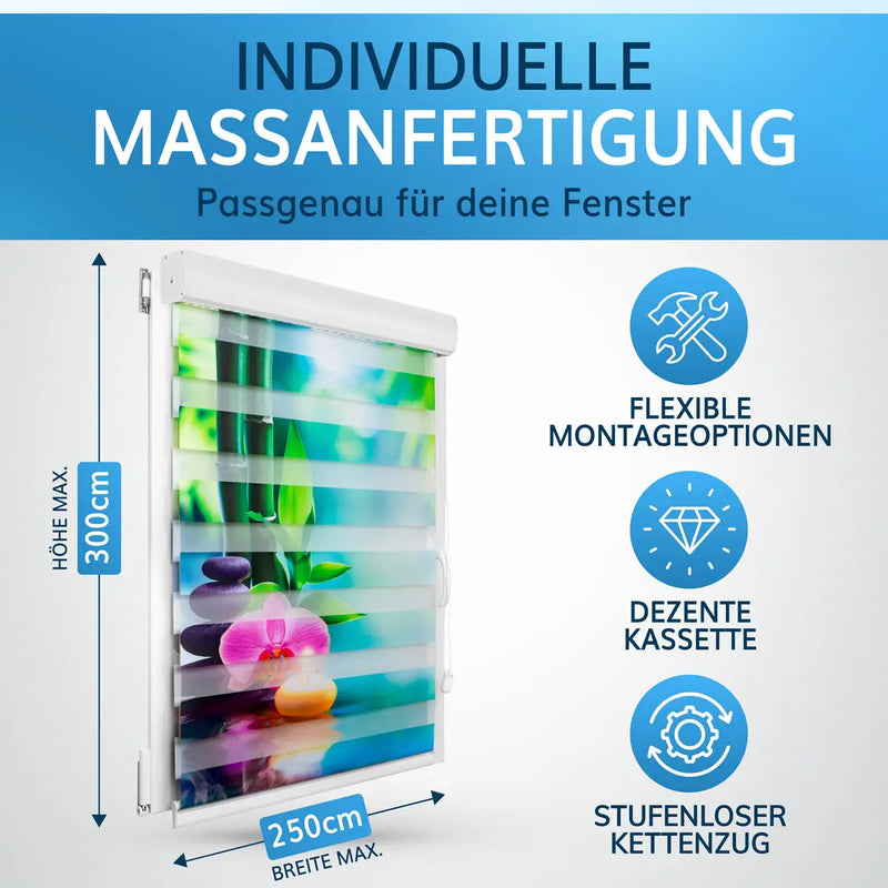 Individuelle Maßanfertigung für Doppelrollo mit Motiv, ideal für passgenaue Fensterdekoration.