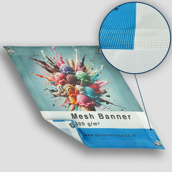 Mesh Banner mit Gitternetzstruktur, winddurchlässig und ideal für den Außeneinsatz
