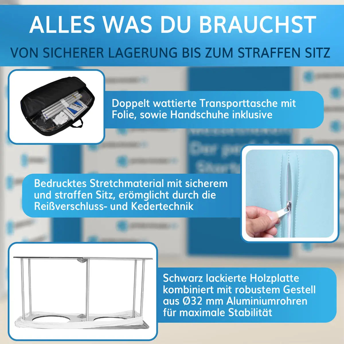 Transporttasche mit doppelter Polsterung, Stretchmaterial für straffen Sitz mit Reißverschluss- und Kedertechnik, stabile Messetheke mit lackierter Holzplatte und Aluminiumgestell