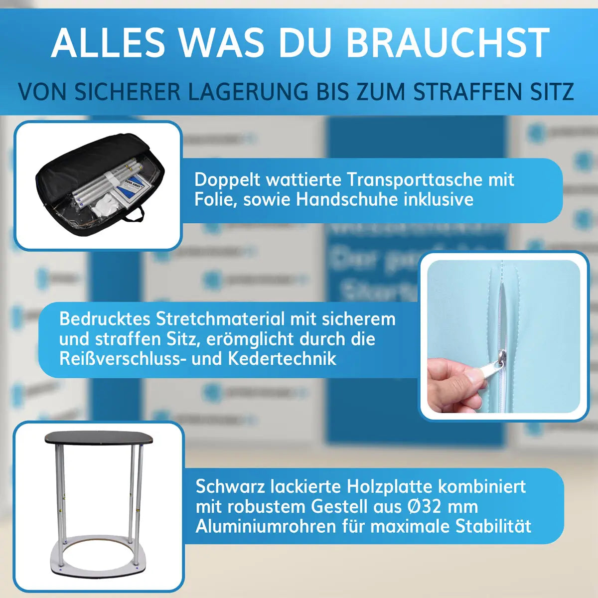 Transporttasche mit doppelter Polsterung, Stretchmaterial für straffen Sitz mit Reißverschluss- und Kedertechnik, stabile Messetheke mit lackierter Holzplatte und Aluminiumgestell