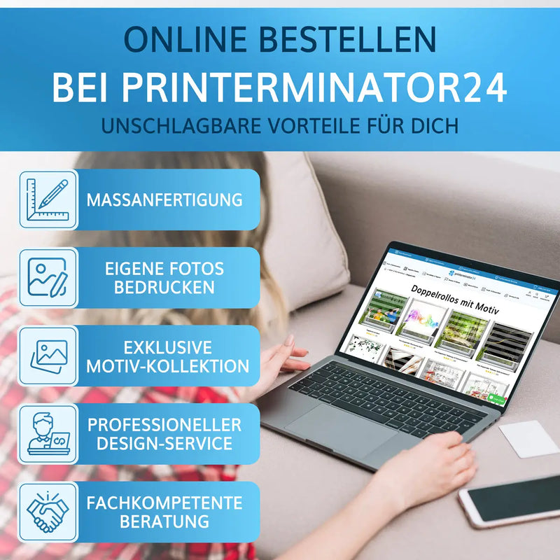 Bestellung eines Doppelrollos mit Motiv bei Printerminator24 mit personalisierten Designoptionen.