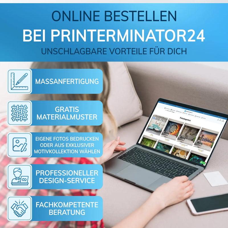 Vorteile des Online-Bestellens bei Printerminator24, Maßanfertigung, Gratis-Materialmuster, Design-Service