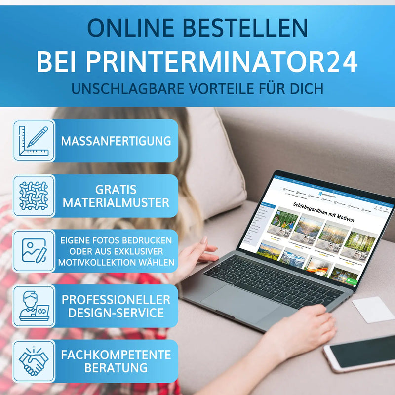 Vorteile des Online-Bestellens bei Printerminator24, bedruckte Schiebegardinen mit Maßanfertigung und gratis Mustern