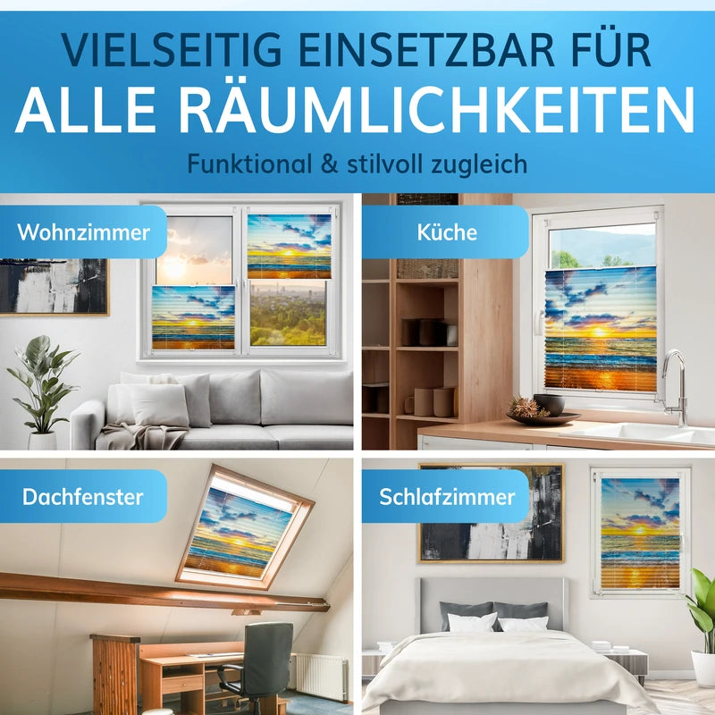 Plissee für verschiedene Räume wie Wohnzimmer, Küche, Schlafzimmer und Dachfenster.