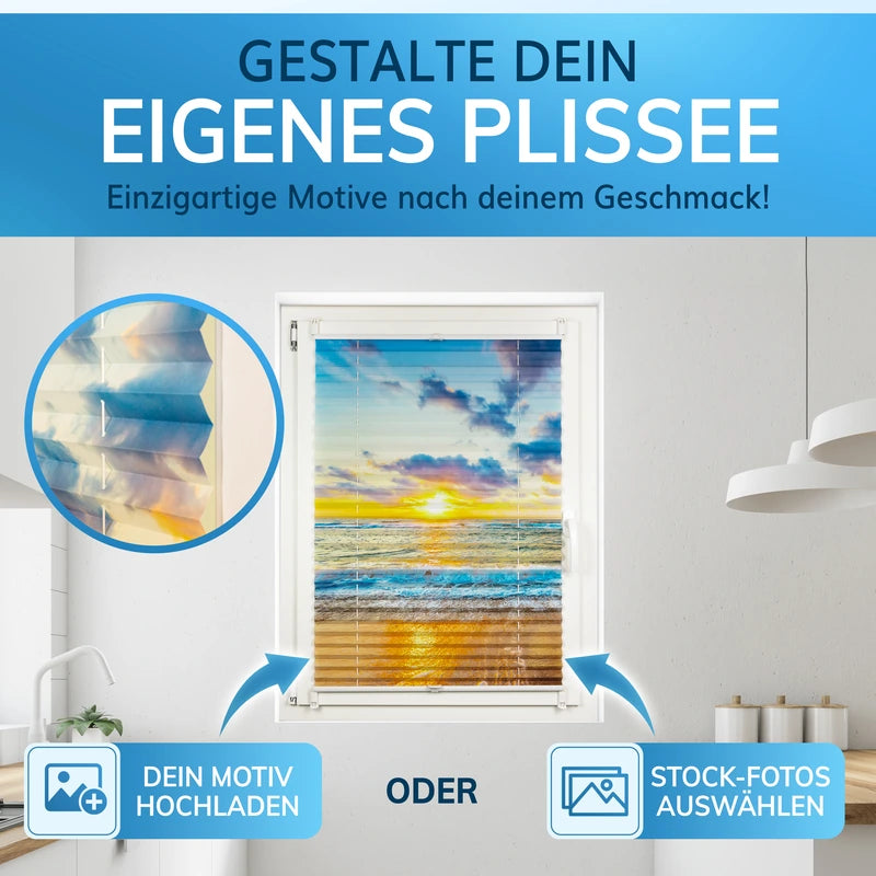 Plissee mit Motiv individuell gestalten, eigenes Motiv hochladen oder aus Stockfotos wählen.