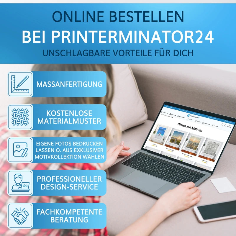 Plissee online bestellen bei Printerminator24, Maßanfertigung und Design-Service.