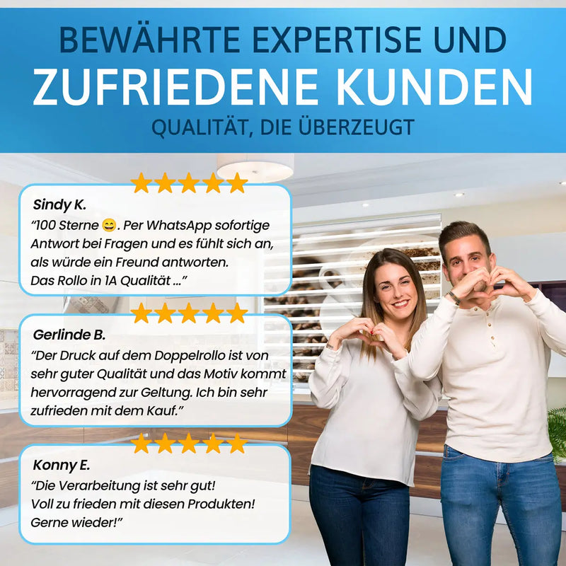 Kundenbewertungen für doppelrollo-mit-motiv. Zufriedene Kunden teilen ihre positiven Erfahrungen mit der Qualität und dem Service von Printerminator24.