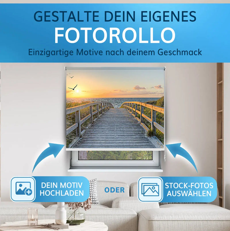 Individuell gestaltbares Rollo mit Motiv, eigenes Bild hochladen oder aus Stockfotos wählen, perfekt als Fotorollo für Fensterdekoration.